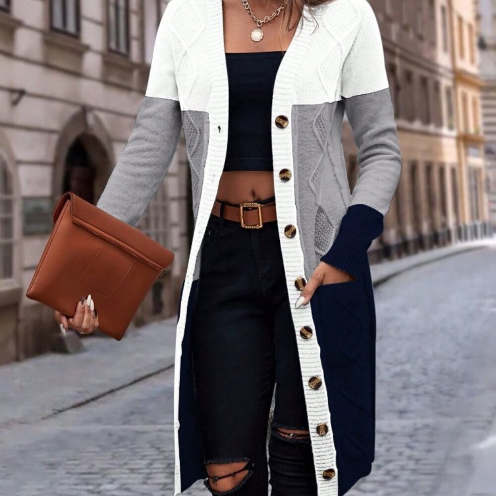 Multicolor Casual Women's Long Sleeve Color Block Cardigan - Picture 1 of 6